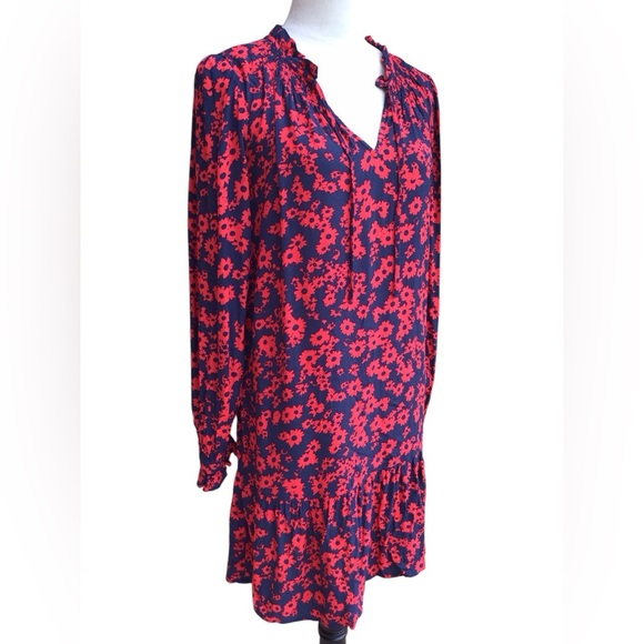 Loft Floral Tie Neck Flounce Dress Size Medium - Picture 8 of 9